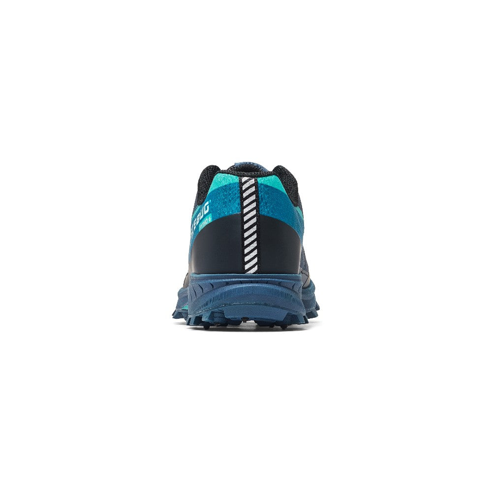 Heel/back of Icebug Pytho6 BUGrip men's studded running shoe in dark blue/mint