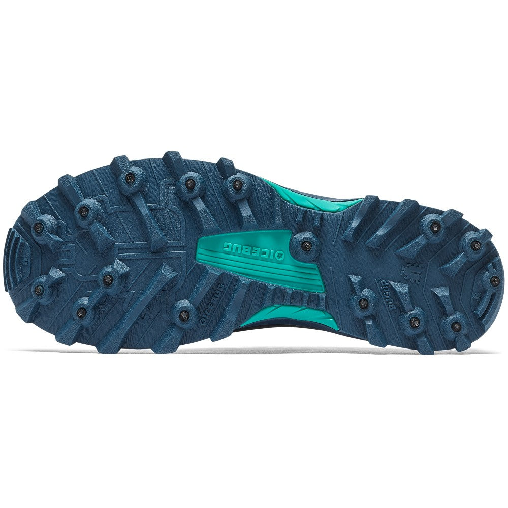 Sole of Icebug Pytho6 BUGrip men's studded running shoe in dark blue/mint
